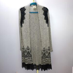Vocal Black & Cream‎ Knit Lace Trim Long Cardigan Size M Made USA